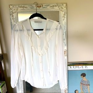 White/Cream Ruffle Tie-Front Sheer Blouse